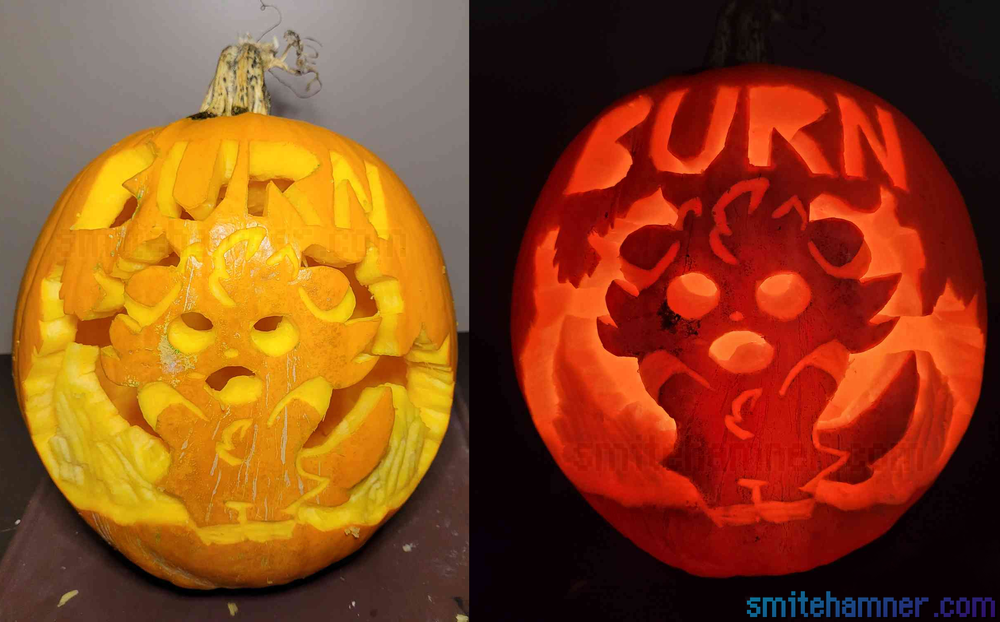 A couple pictures of a carved pumpkin in the light and in the dark with a candle. The carving is an espurr with their arms stretched up and the text 'BURN' at the top